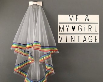 Rainbow veil, veil with rainbow ribbon edging