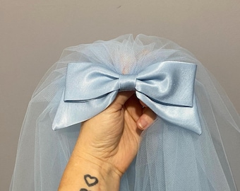 Pale blue short wedding veil with bow detail