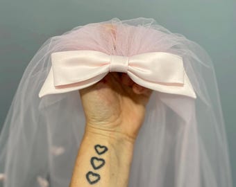 Pink short veil layered with love hearts