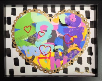Ahava Original Framed Jewish Papercut, Jewish Gift, Jewish Pride, Embroidered Heart, Hebrew Art