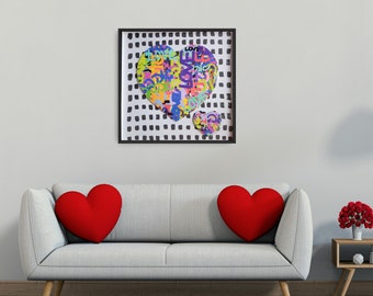 Heart Ahava Love Original Framed Jewish Papercut, Jewish Ahava Collage, Jewish Gift, Framed Judaica