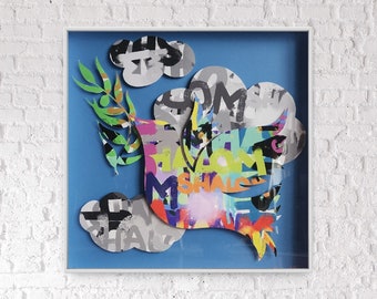 Shalom Original Framed Jewish Papercut, Jewish Shalom Graffiti, Modern Jewish Collage, Jewish Gift, Framed Judaica