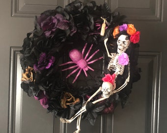 Halloween Wreath, Halloween Decor, Skeleton Wreath, Purple Roses, Black Roses, Wreath, Sugar Skull, dia de los muertos, day of the dead