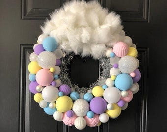 Unicorn Wreath, Fluffy Unicorn, Whimsical unicorn, Pastel Rainbow, Bulb Wreath, Ornament Wreath, Magical Wreath, Wreath