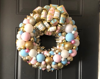 Unicorn Wreath, Fluffy Unicorn, Whimsical unicorn, Pastel Rainbow, Bulb Wreath, Ornament Wreath, Magical Wreath, Wreath