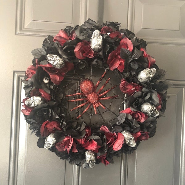 Halloween Wreath, Halloween Decor, Skeleton Wreath, Red Roses, Black Roses, Wreath, Scary Wreath, Haunted Wreath, Skull wreath, Skulls