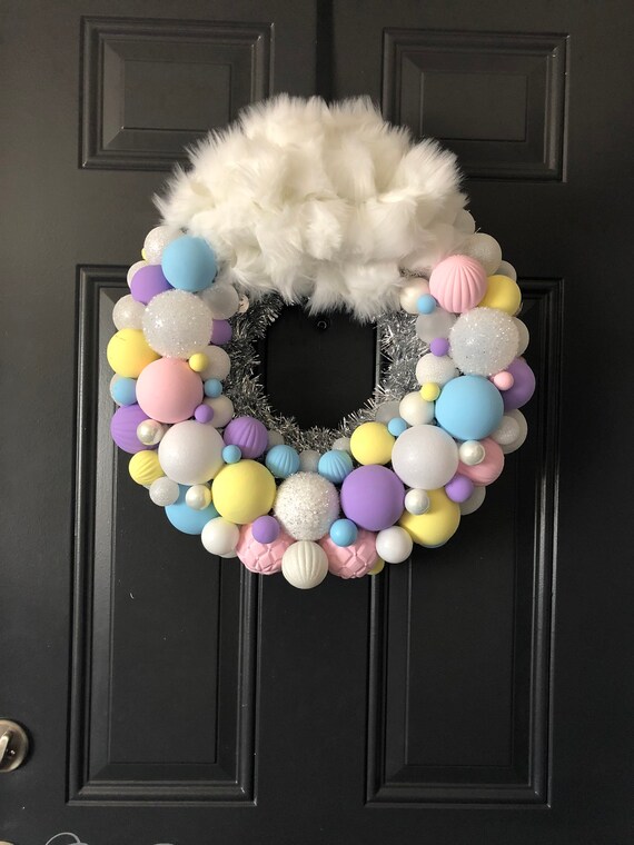 Unicorn Wreath, Fluffy Unicorn, Whimsical unicorn, Pastel Rainbow, Bulb Wreath, Ornament Wreath, Magical Wreath, Wreath