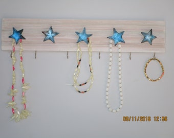 Jewelry Organizer, Whitewashed with Blue Glass Starfish Knobs,