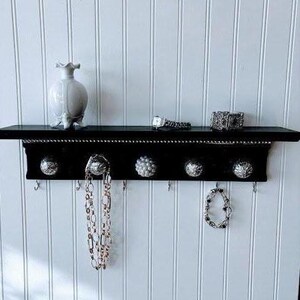 Jewelry Organizer With Rhinestone Accent Under Shelf, Black Satin Finish, Silver and Pearl Knobs,
