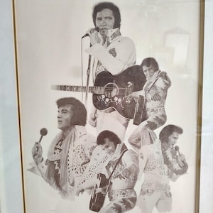 May include: A black and white framed print of a collage of Elvis Presley images. The images show Elvis performing on stage with a guitar and microphone.
