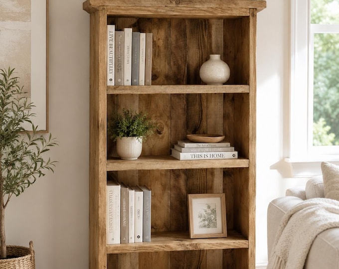 Handmade bookcase shelves rustic solid wood industrial