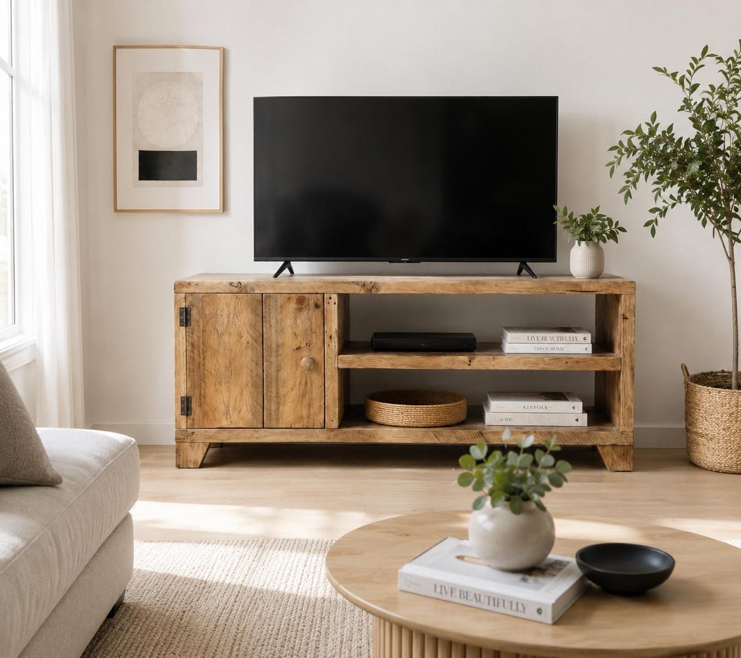 Reclaimed Wood TV Stand Media Unit – Rustic Scaffold Board Cabinet