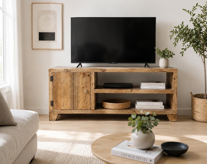 Reclaimed Wood TV Stand Media Unit – Rustic Scaffold Board Cabinet