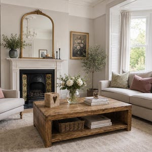 May include: A rectangular wooden coffee table with a lower shelf, featuring a natural grain finish. The table holds a glass vase with white flowers, a wooden block with a heart cutout, and stacked books, with a wicker basket on the lower shelf.