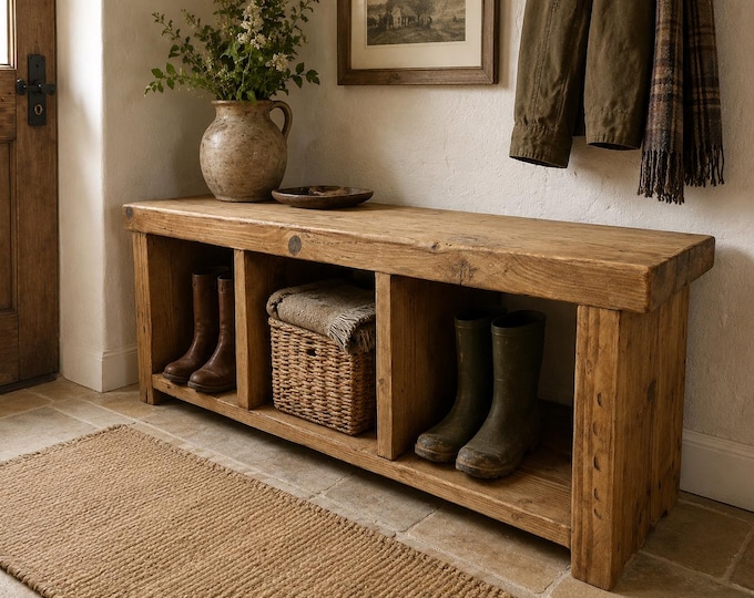 Handmade hall storage seating shoe storage media unit rustic solid reclaimed wood