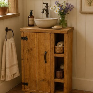 May include: Wooden bathroom vanity unit with a vessel sink, tap, and storage. The cabinet has a natural wood finish with black hardware. A towel hangs on a ring, and a small rug sits on the floor. A vase of flowers and a soap dish are on the vanity.