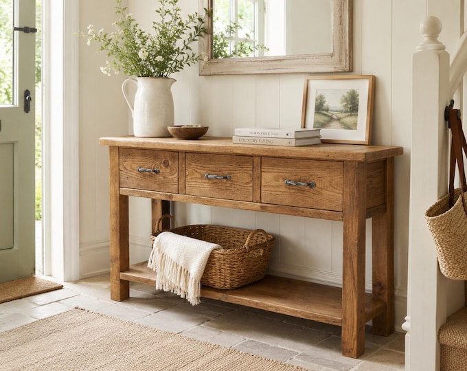 Hallway console table with drawers, shoe storage entryway storage handmade reclaimed wood