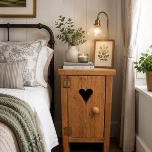 May include: A wooden bedside cabinet with a heart-shaped cut-out. A lamp, framed botanical print, and a vase of greenery sit on top. The cabinet is next to a bed with patterned pillows and a green blanket. The room has a cozy, rustic feel.
