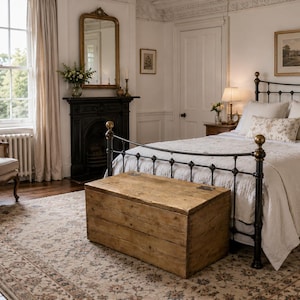 May include: A bedroom featuring a wrought iron bed, a wooden chest, and a patterned rug. The room includes a fireplace, a mirror, and a window with curtains. The walls are white, creating a classic, vintage aesthetic.
