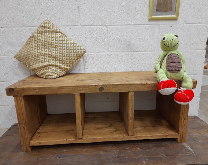 Handmade hall storage seating shoe storage media unit rustic solid reclaimed wood