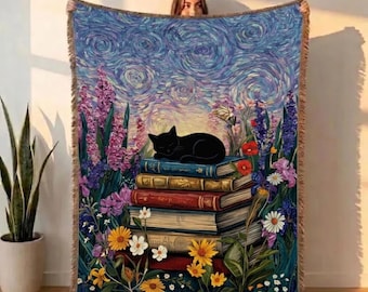 Cat Book Blanket Whimsical Celestial Floral Library Art Throw Gift for Cat Lovers and Bookworms Cozy Reading Nook Decor All Seasons Giftable