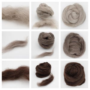 Könnte beinhalten: Neun Quadrate zeigen verschiedene Farbtöne von Wollvlies, von hellbeige bis dunkelbraun. Die Wolle ist weich und flauschig, ideal für verschiedene Textilkunstprojekte wie Filzen, Spinnen und Weben. Das Vlies wird in loser und gerollter Form gezeigt.