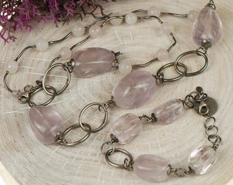 Purple matching jewelry set, lilac fluorite matching set, pastel pink and purple set, necklace and bracelet with pink stones, rose quartz