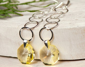 a594, Long silver earrings with yellow crystals, Silver earrings, silver earrings with crystals, earrings, Modern earrings, silver, woman