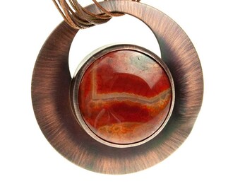 Copper necklace with agate, red agate pendant, round copper necklace with red agate, fiery stone necklace, copper handmade geometric pendant