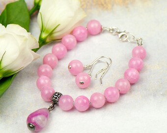 Agate and jade jewelry set, earrings and bracelet set, cute jewelry set, pink bracelet with jade, set for gift, pink agate stone earrings