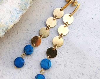 Gold plated minimalistic earrings, gilded jewelry, earrings with blue imperial jasper, long earrings for a night out, classic form earrings