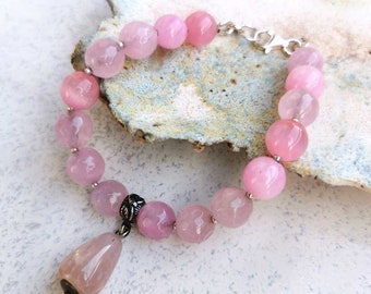 Agate and jade jewelry set, cute jewelry set, pink bracelet with jade, earrings and bracelet set, set for gift, pink agate stone earrings