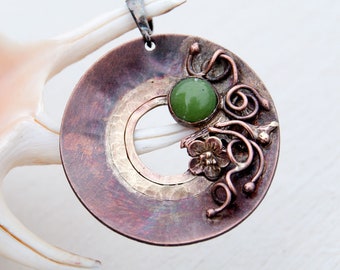 Flower copper pendant with jade,  Green jade jewelry, Copper pendant, Copper gift for her, Flower motif pendant, Hammered copper