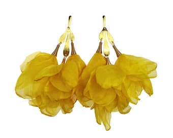 Yellow chiffon airy earrings, light material flower earrings, sunflower earrings jewelry, boho vibe earrings, summer vibe chiffon earrings