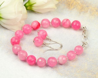 Pink jewelry set, agate earrings and bracelet, matching set, cute jewelry set, pink bracelet with agate stones, pink agate stone earrings
