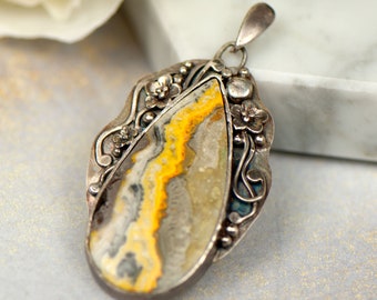 Yellow bumblebee jasper pendant, elegant handmade silver pendant, yellow stone pendant, unique Sahara collection, handmade long necklace