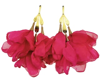 Pink chiffon earrings, light material flower earrings, fuchsia flowers jewelry, boho vibe floral earrings, summer vibe chiffon earrings