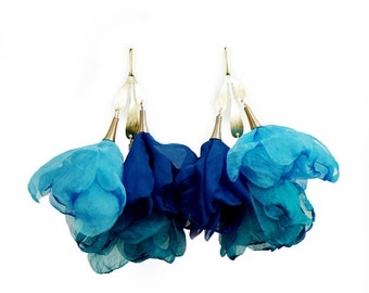 Blue chiffon ethereal earrings, light material flower earrings, turquoise flowers jewelry, boho vibe earrings, summer vibe chiffon earrings