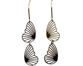 Golden brass wing earrings, shimmering golden earrings with butterfly pendants, medium length, gilded earwire earrings, golden fairy earring