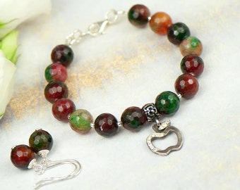 Matching jewelry set, red and green matching set, autumn bracelet and earrings, elegant silver jewelry set, agate bracelet and earrings set