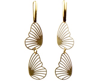Golden brass wing earrings, shimmering golden earrings with modern pendants, medium length earrings, stud earrings, golden fairy earrings