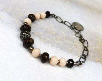 Silver bracelet with bronzite, garnet stone and jade, garnet bracelet, single string bracelet with stones, black and silver bracelet