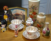 Set of 2 Royal Albert Teacup Saucers, Vases by Bijutsu Toki and Otagiri Japan, Hiroshige Woodblock Print and Kimmidoll Naomi Honest Doll