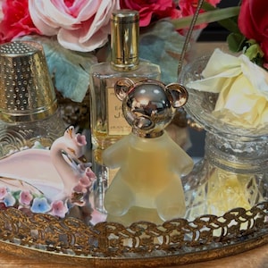 Perfume Avon&#39;s - Golden Thimble, Teddy Bear Decanter, Quilt Basket Silver Handle; Lefton Trinket Floral Swan Japan; Eau de Joy Patou Paris