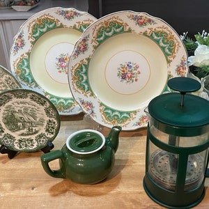 Ambassador Meakin Plates; Canada China Green Diner Ware Teapot; Old Inns Ironstone Plates; French Coffee Press; Libbey Cactus Cocktail Glass