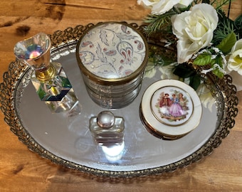 VINTAGE COSMETICS - Powder Make Up Compact Crown Limoges Style; Perfume Bottle Iridescent; Bottle Arais; Dominion Metal Glass Vanity Jar