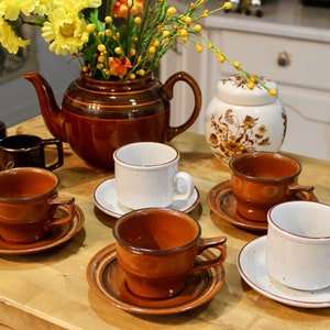 Cool Sadler Striped Large Brown Teapot; Interpace Franciscan and Sampson Bridgwood Teacup & Saucer Sets; Floral Sadler Ginger Jar /Tea Caddy