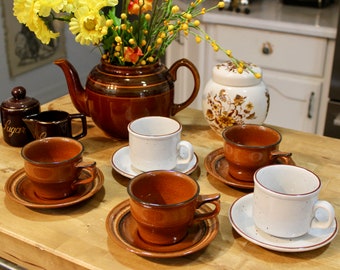 VINTAGE TEA SETS - Sadler Striped Brown Teapot; Teacups & Saucers Interpace Franciscan and Sampson Bridgwood; Floral Tea Caddy; Cream Sugar