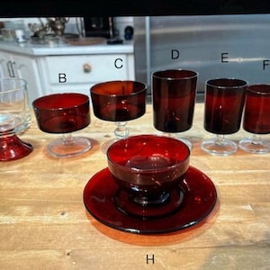 Holiday Traditions - Royal Ruby Red Glass - Anchor Hocking USA Bowls & Plates; Luminarc Arcoroc France Wine Cordial Glasses, Dessert Cups