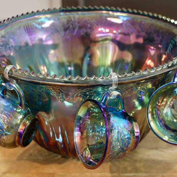 Indiana Iridescent 7 pc Blue 1970s Carnival Glass Princess Punch Bowl USA; Gorgeous Plates - Woods Ivory Ware England; NORSK EGERSUND Norway